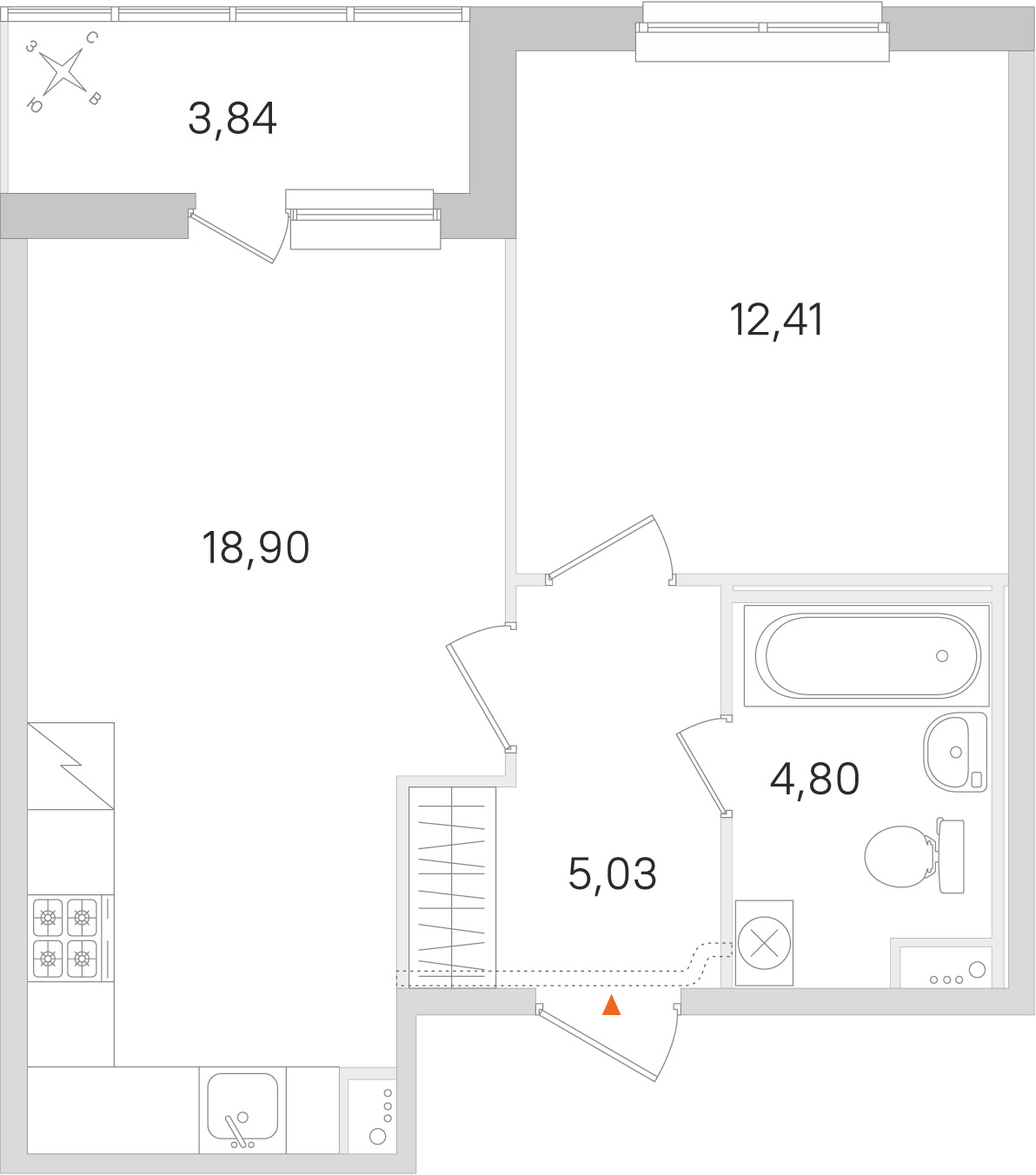 Планировка: 1-комнатная квартира, 41,1 м²