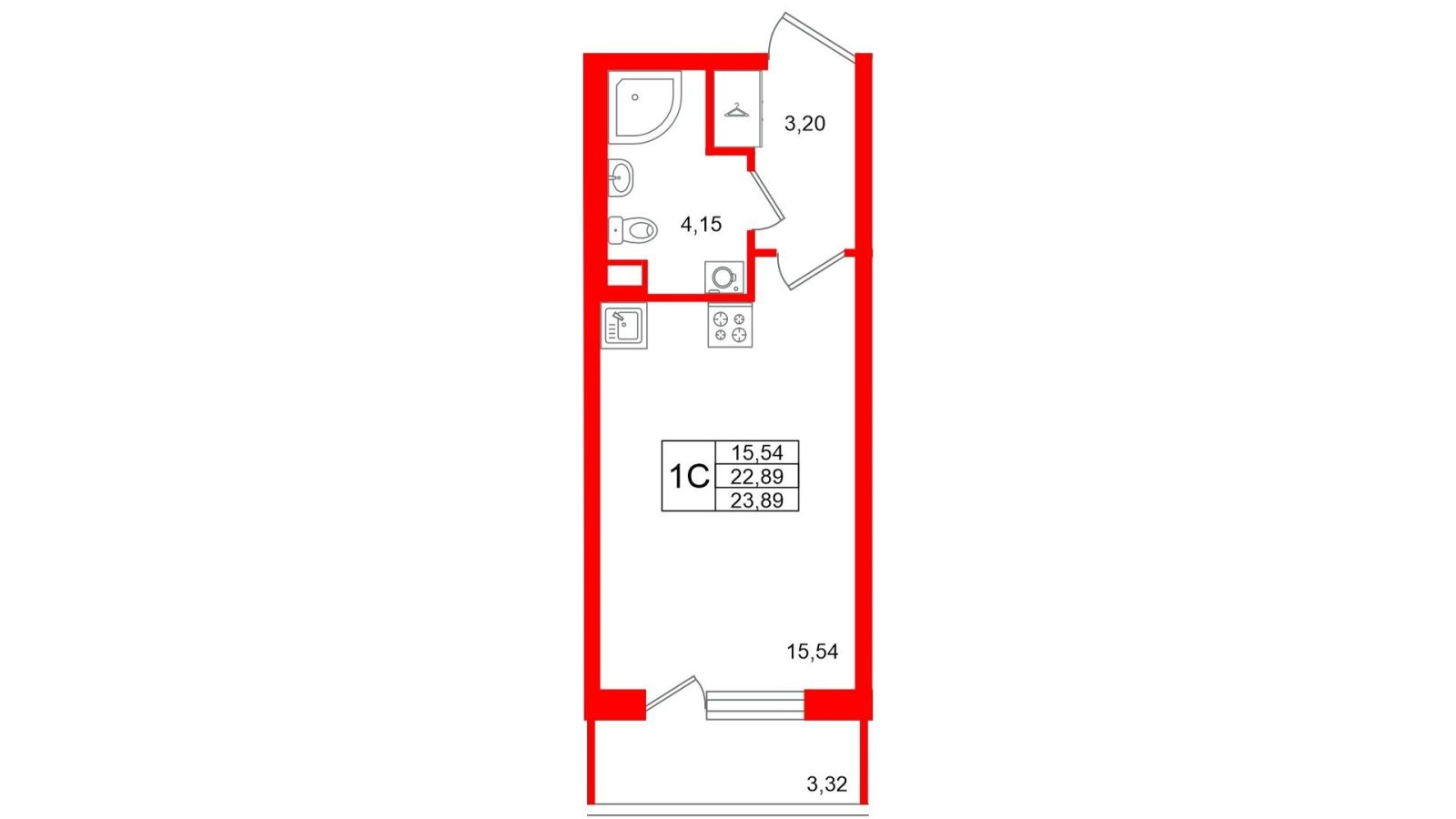 Планировка: студия, 22,9 м²