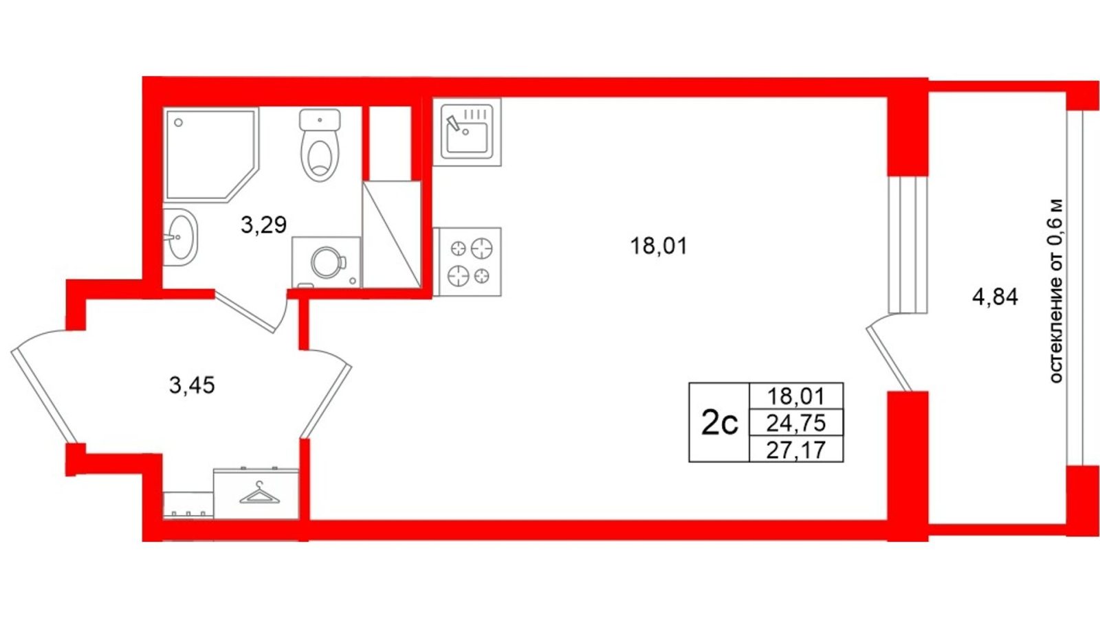Планировка: студия, 24,8 м²