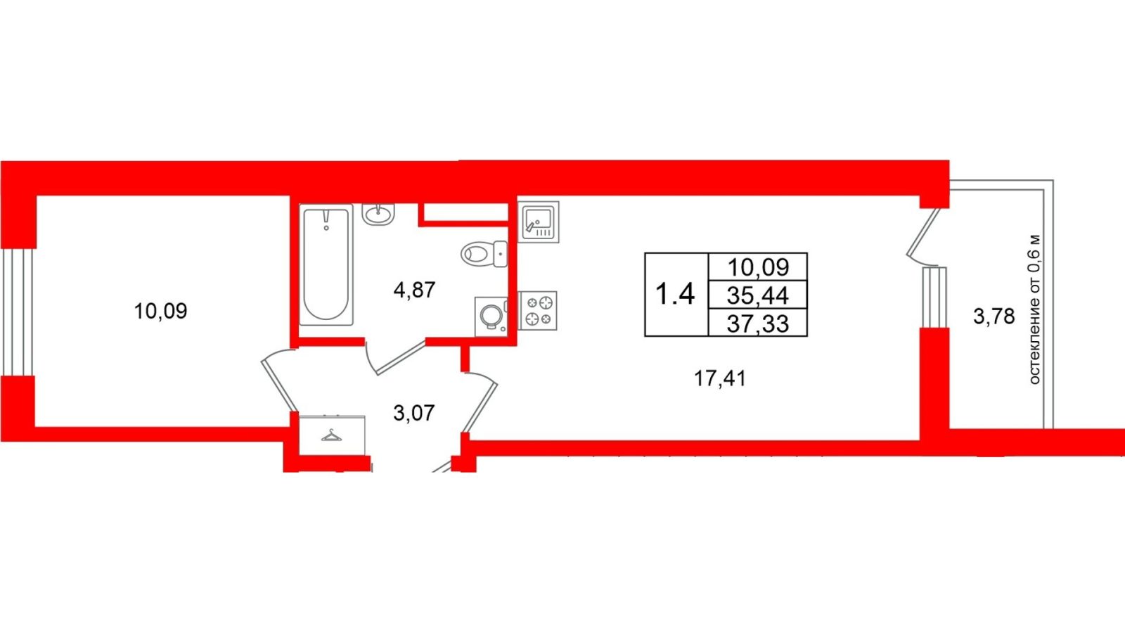 Планировка: 1-комнатная квартира, 35,4 м²