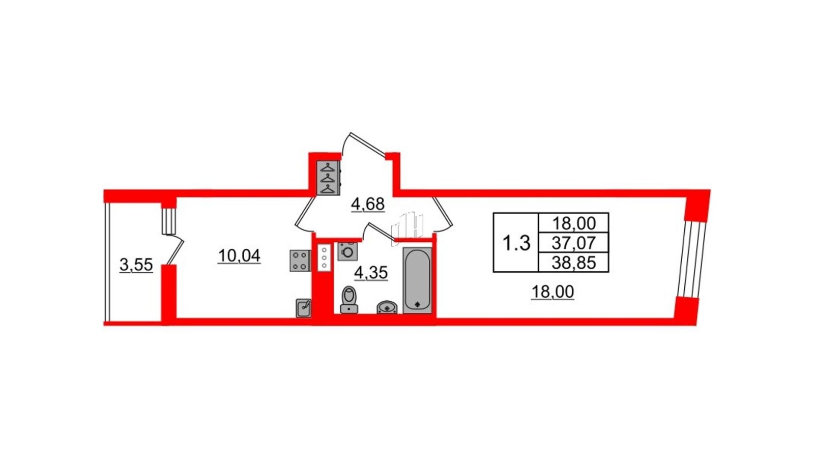 Планировка: 1-комнатная квартира, 37,1 м²