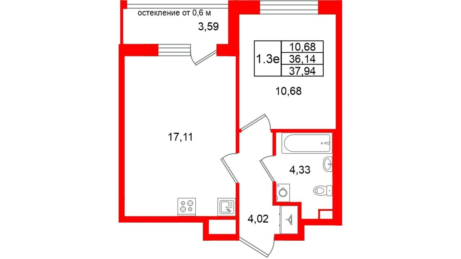 Планировка: 1-комнатная квартира, 36,1 м²