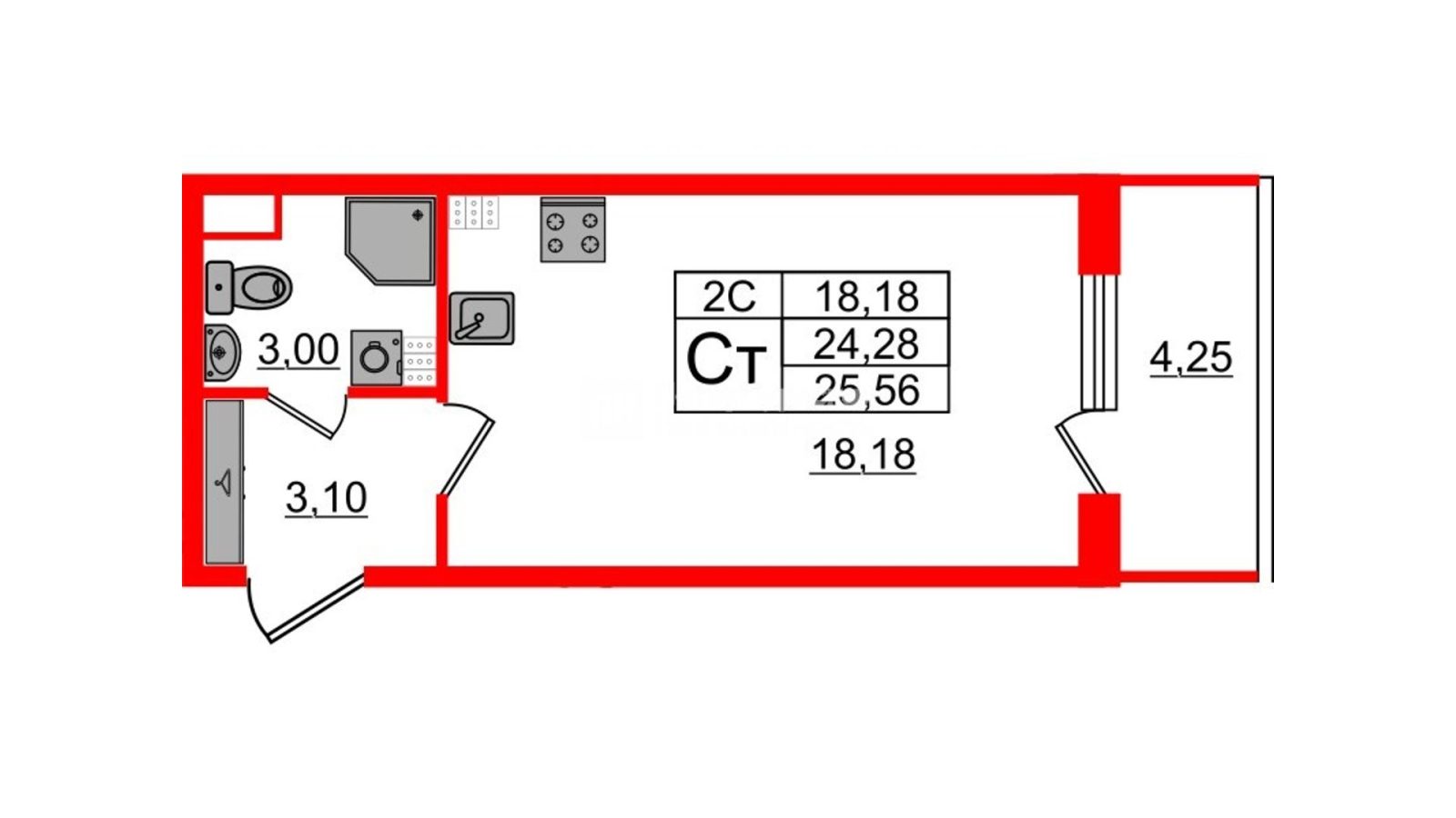 Планировка: студия, 24,0 м²