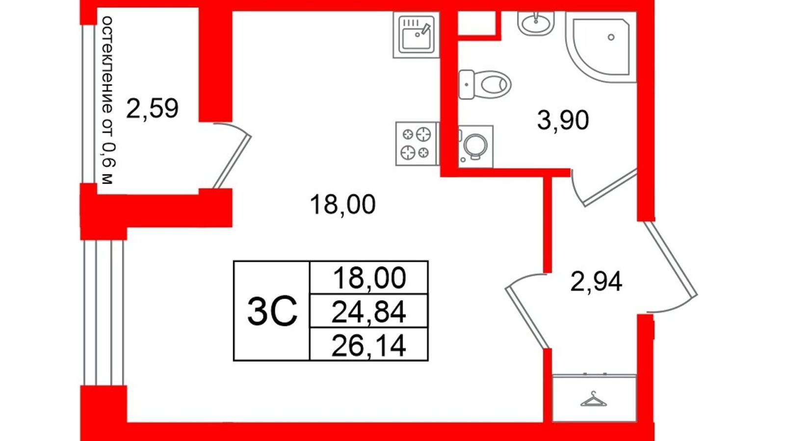 Планировка: студия, 24,8 м²