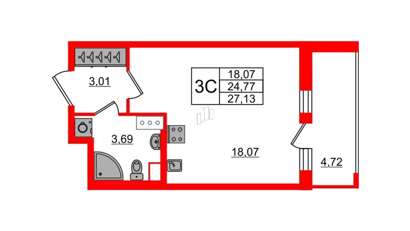 Планировка: студия, 24,8 м²