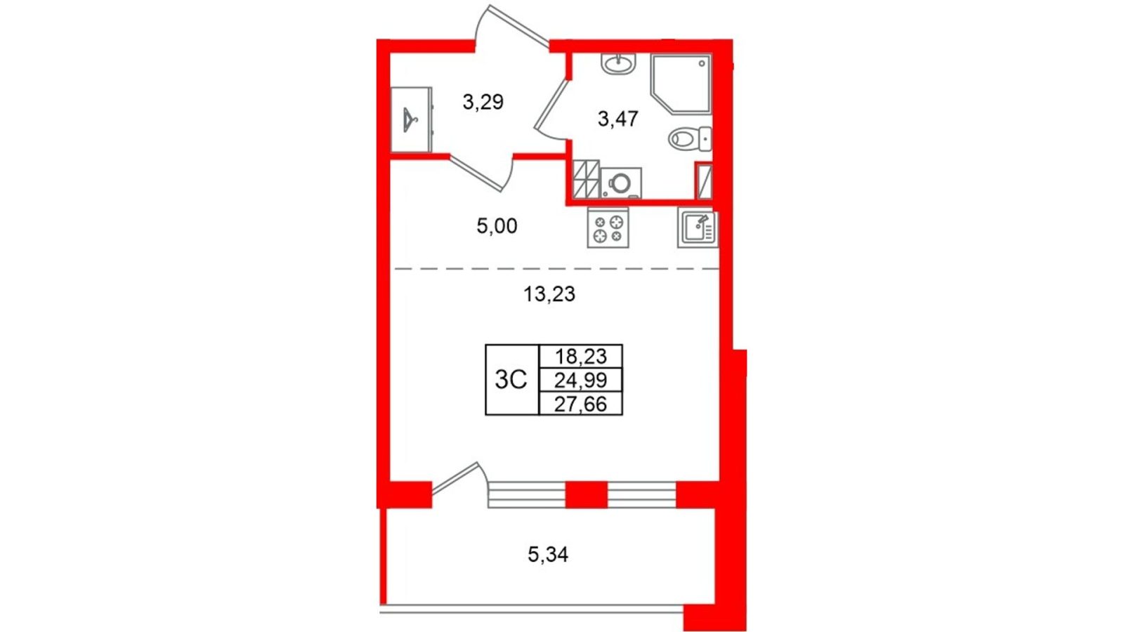 Планировка: студия, 25,0 м²