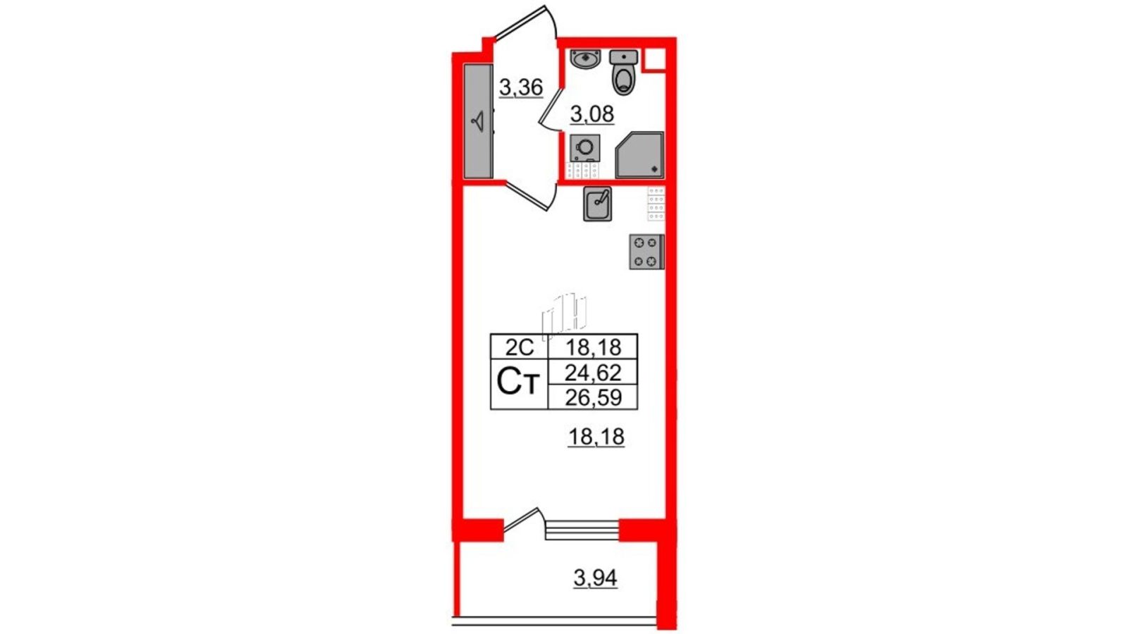 Планировка: студия, 24,3 м²