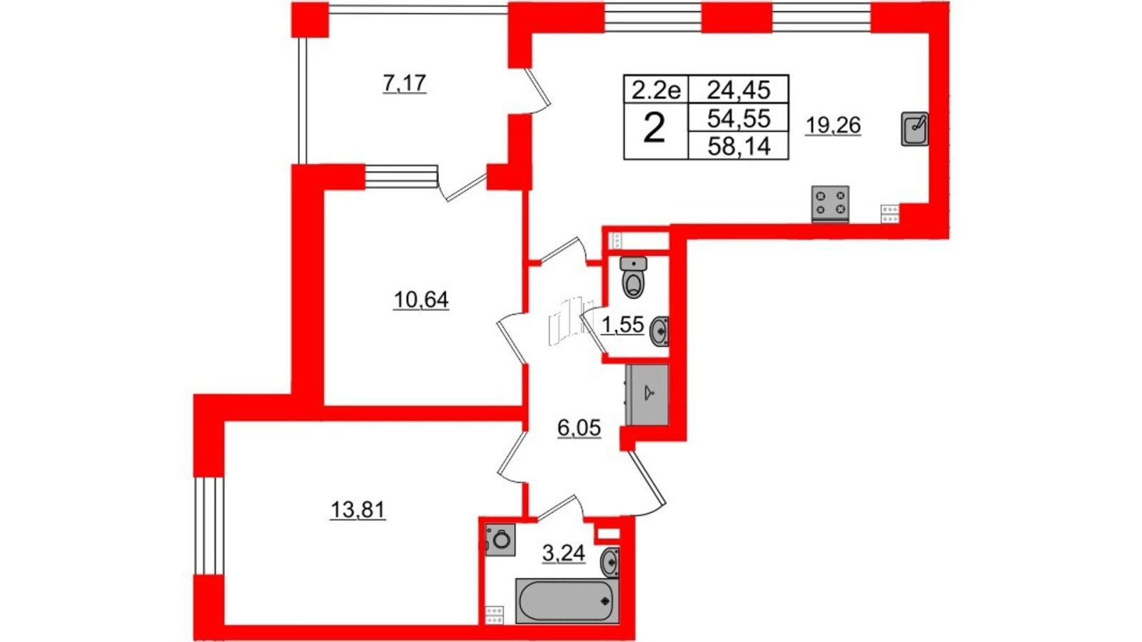 Планировка: 2-комнатная квартира, 54,6 м²