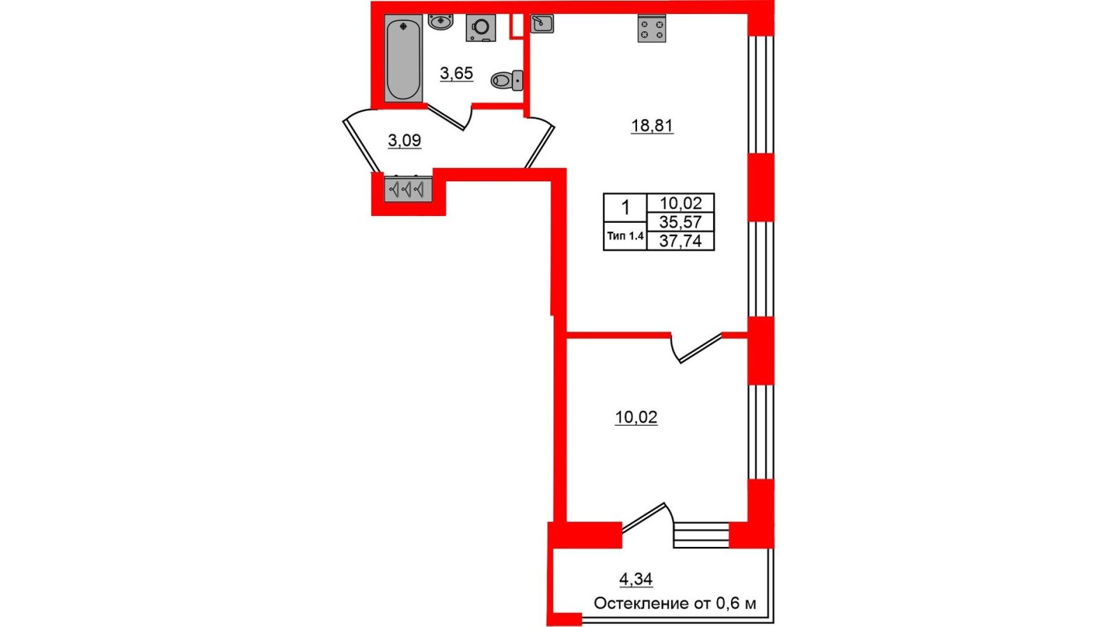 Планировка: 1-комнатная квартира, 35,6 м²