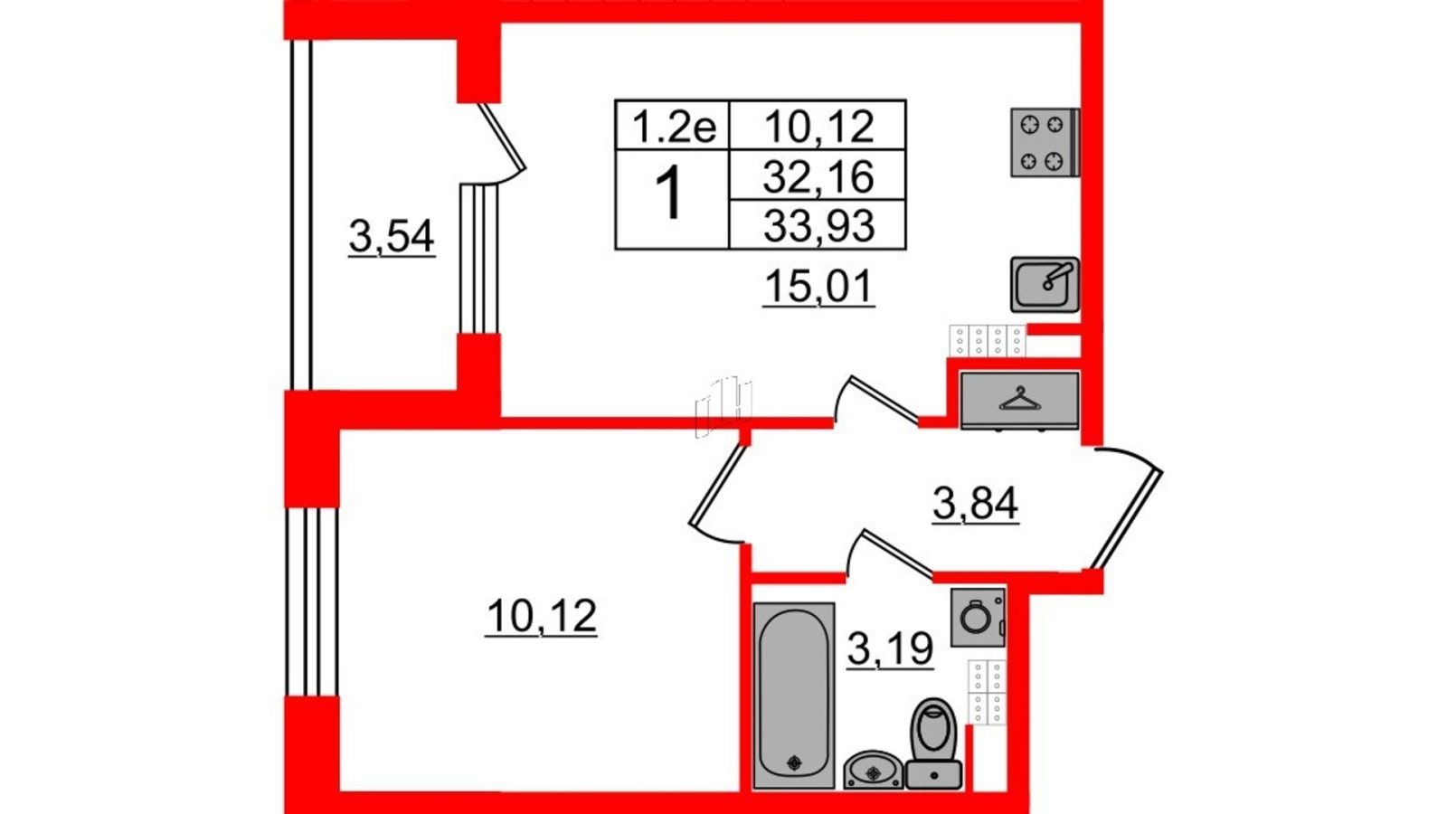 Планировка: 1-комнатная квартира, 31,5 м²