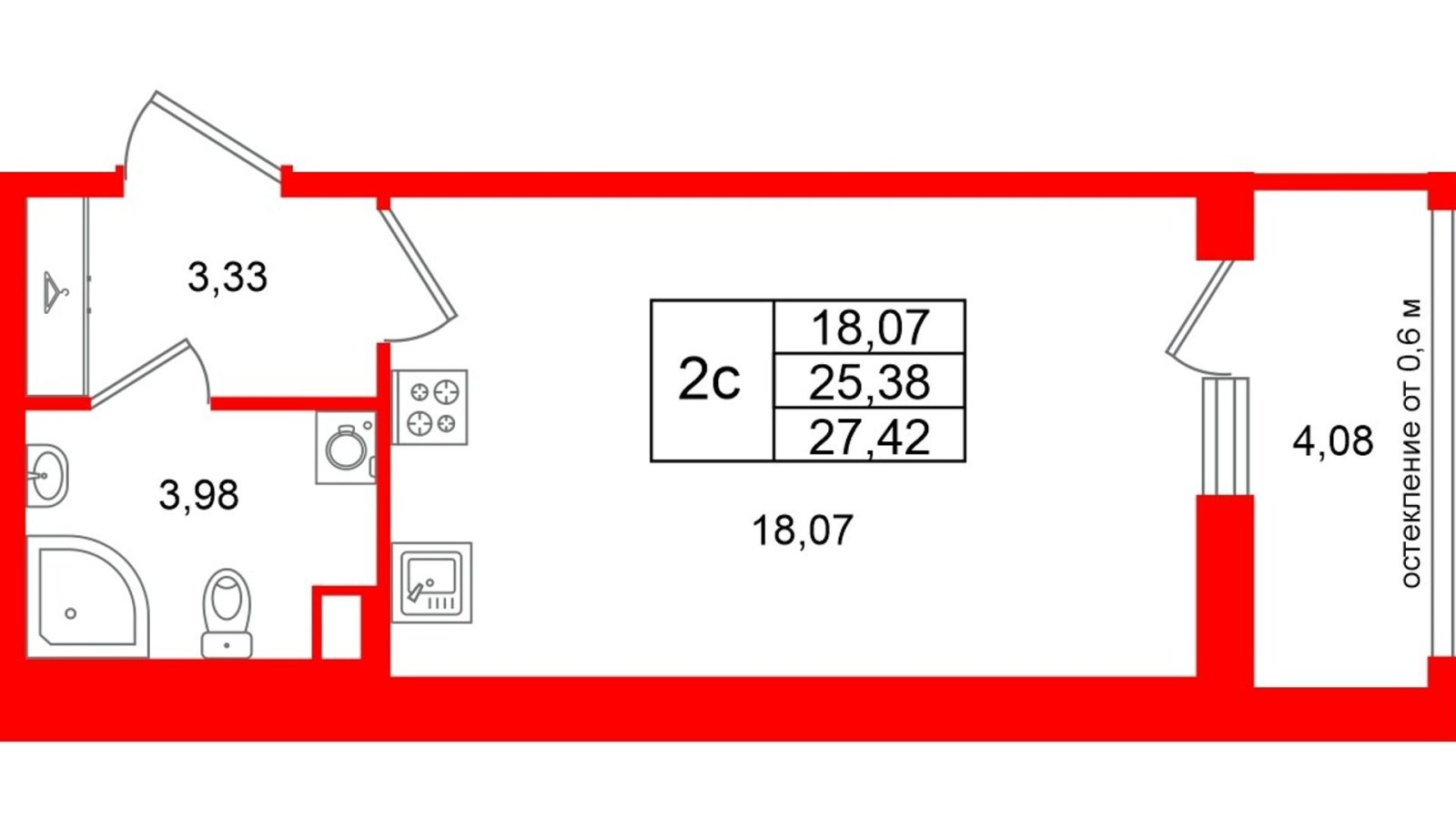 Планировка: студия, 25,4 м²