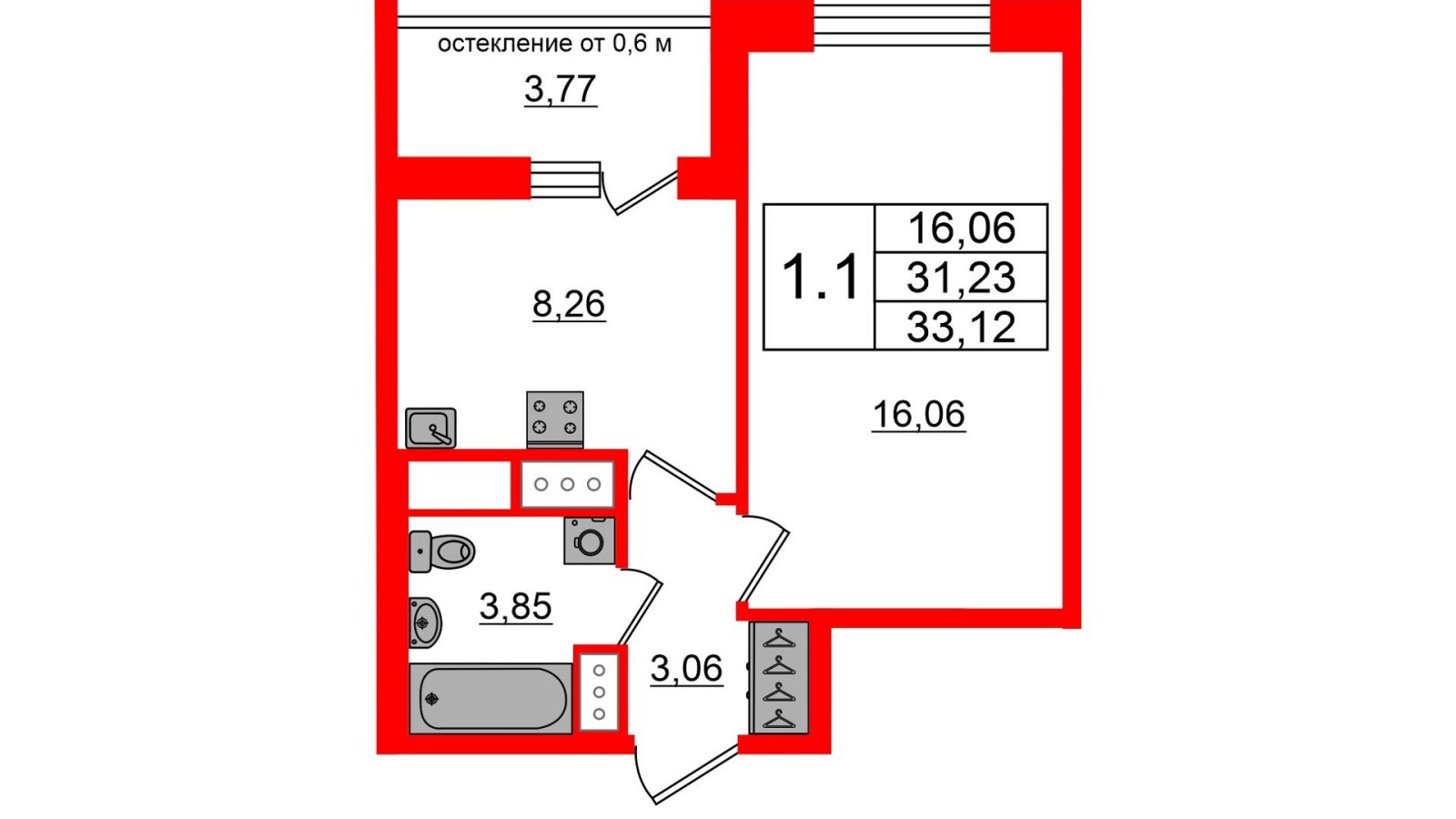 Планировка: 1-комнатная квартира, 31,2 м²