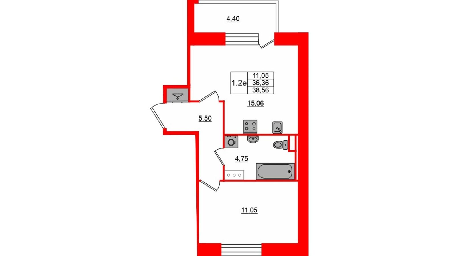 Планировка: 1-комнатная квартира, 36,4 м²