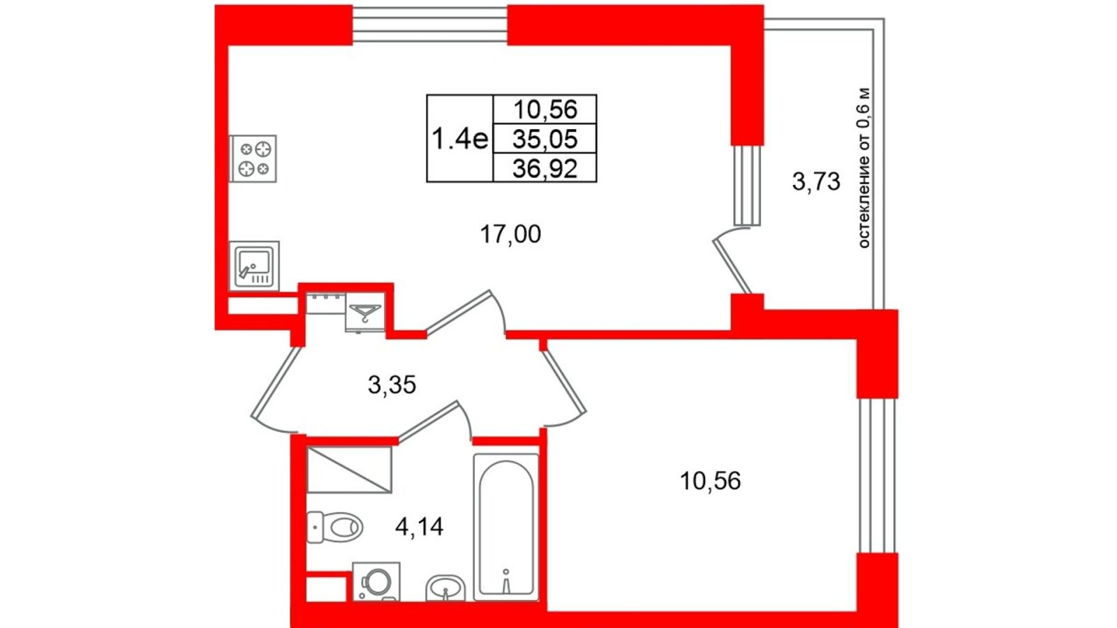 Планировка: 1-комнатная квартира, 35,1 м²