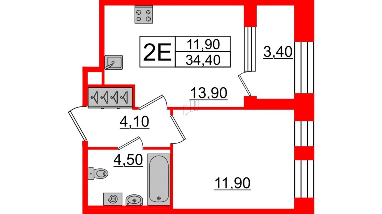Планировка: 1-комнатная квартира, 34,4 м²