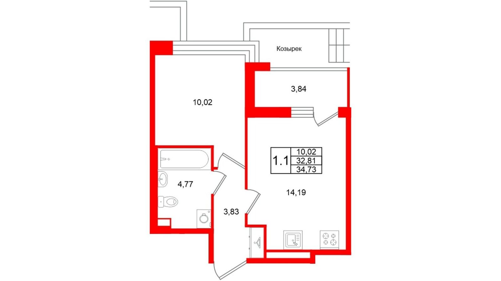 Планировка: 1-комнатная квартира, 32,8 м²