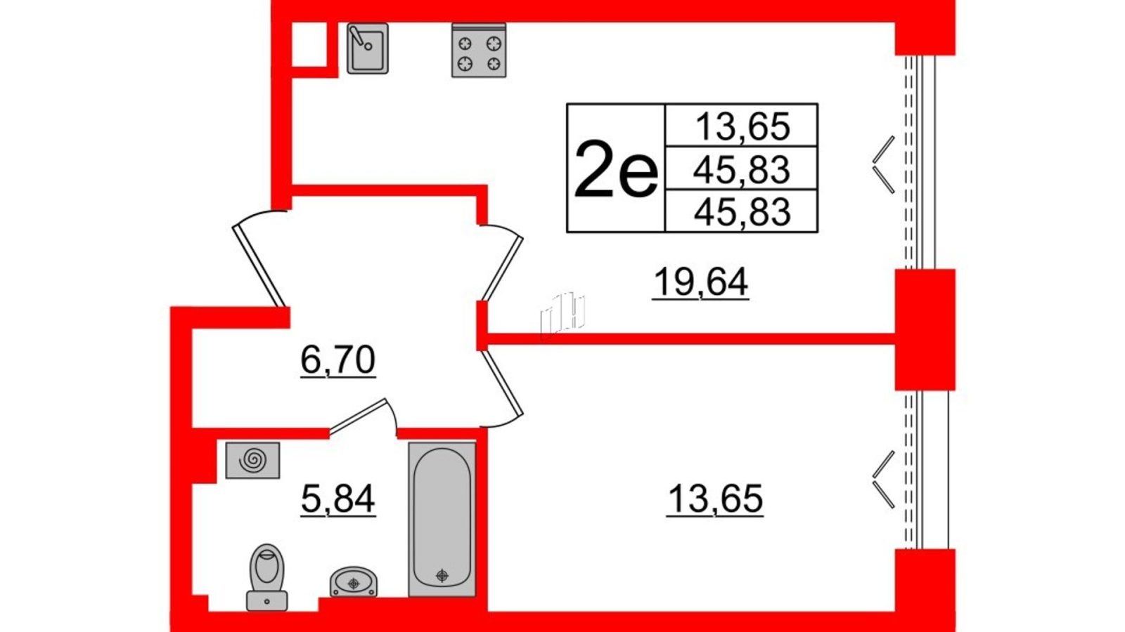 Планировка: 1-комнатная квартира, 45,8 м²