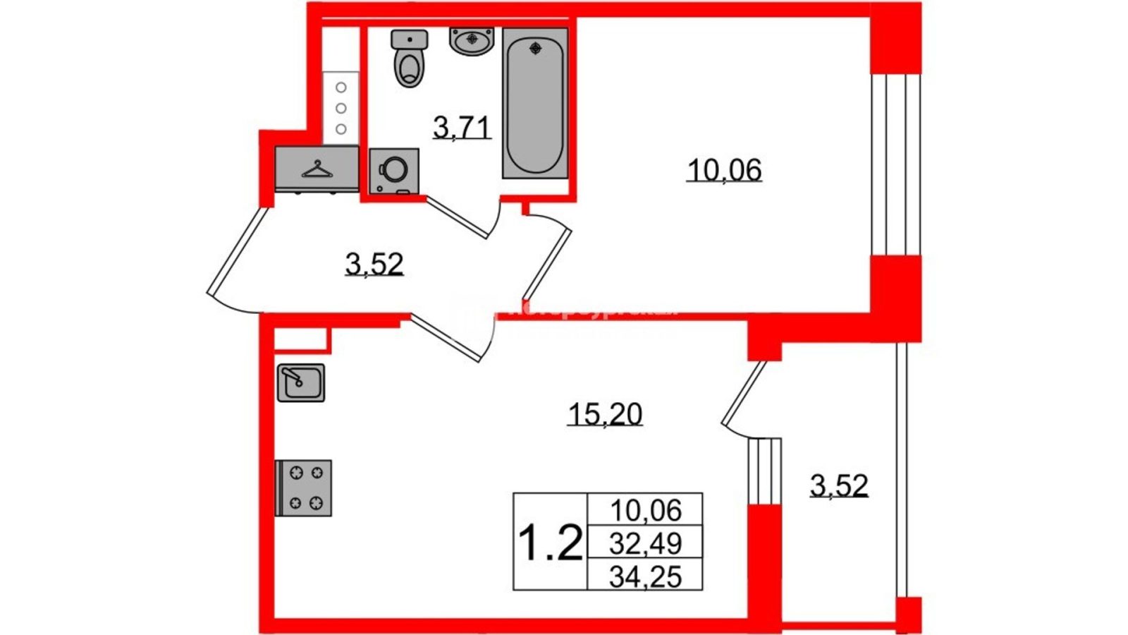 Планировка: 1-комнатная квартира, 32,5 м²