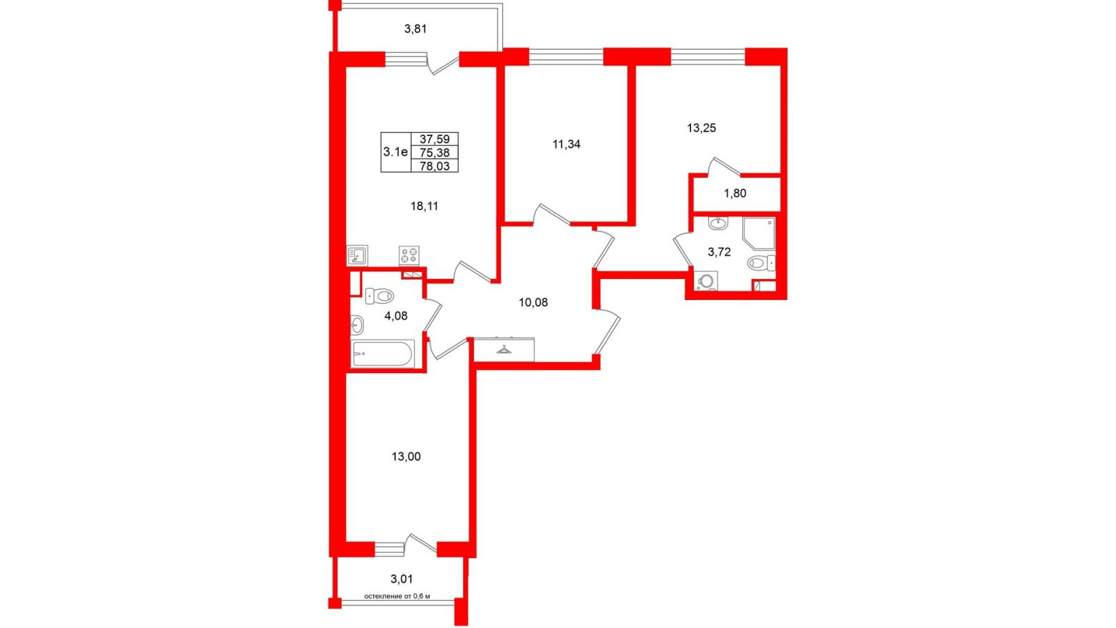 Планировка: 3-комнатная квартира, 75,4 м²