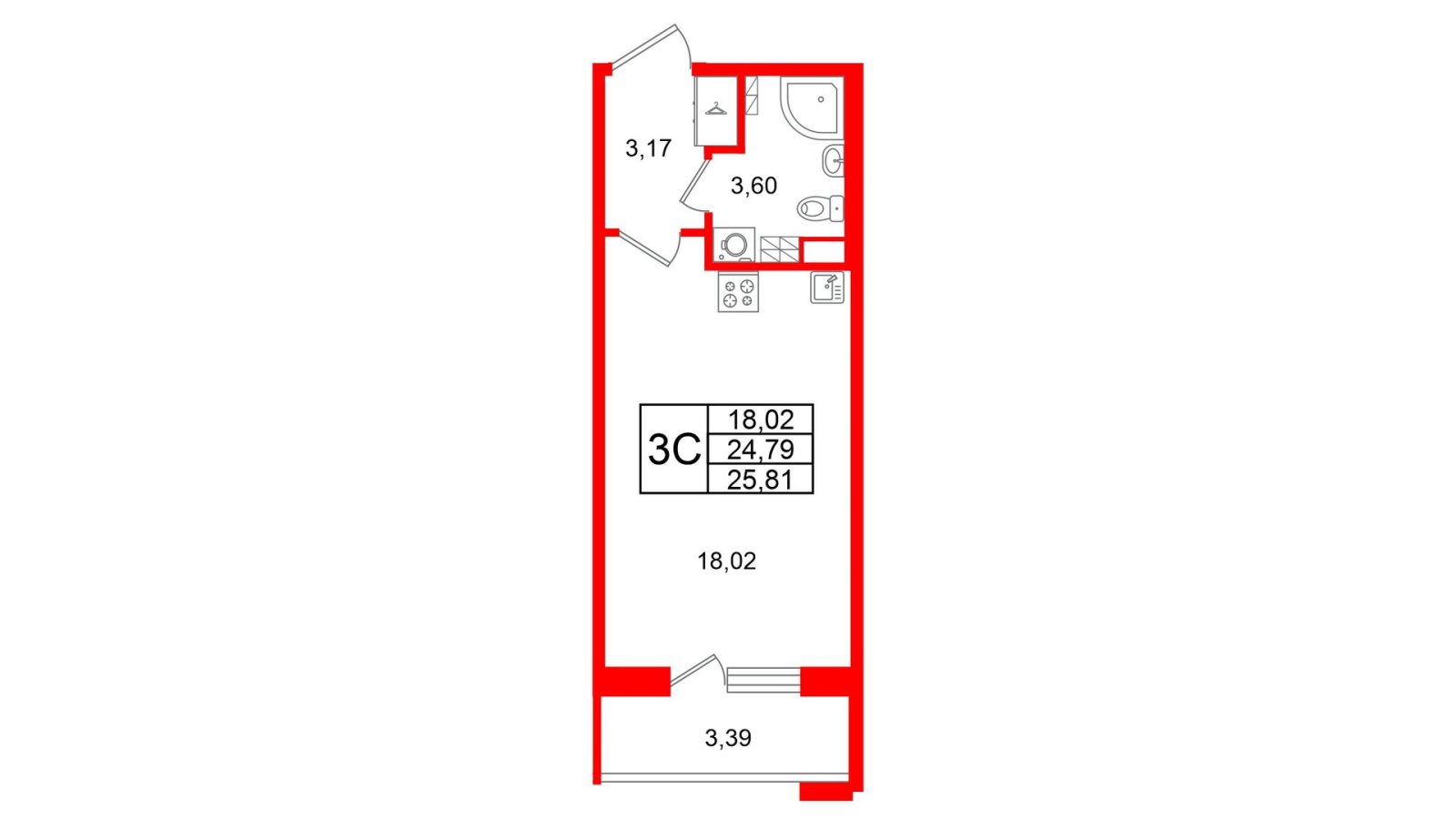 Планировка: студия, 24,8 м²
