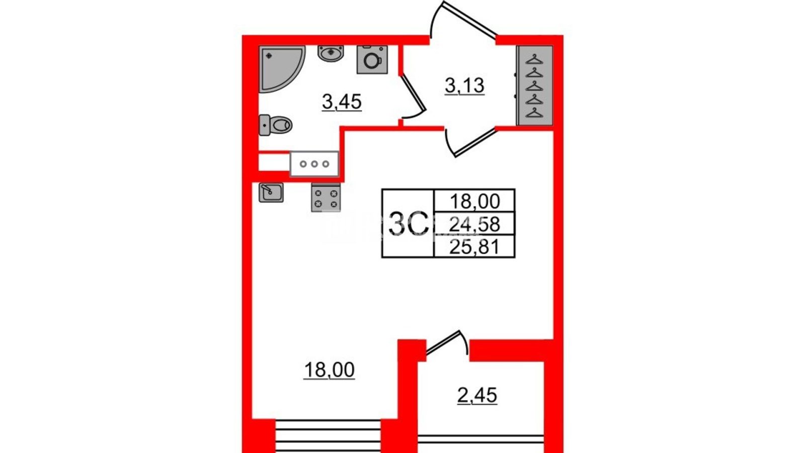 Планировка: студия, 24,6 м²