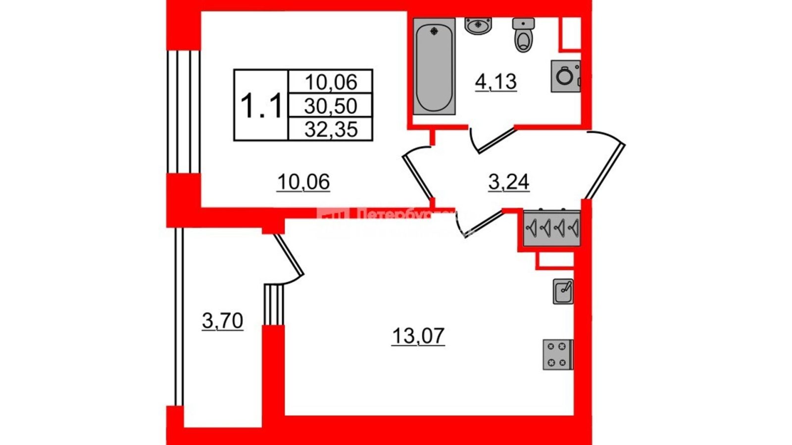 Планировка: 1-комнатная квартира, 30,5 м²