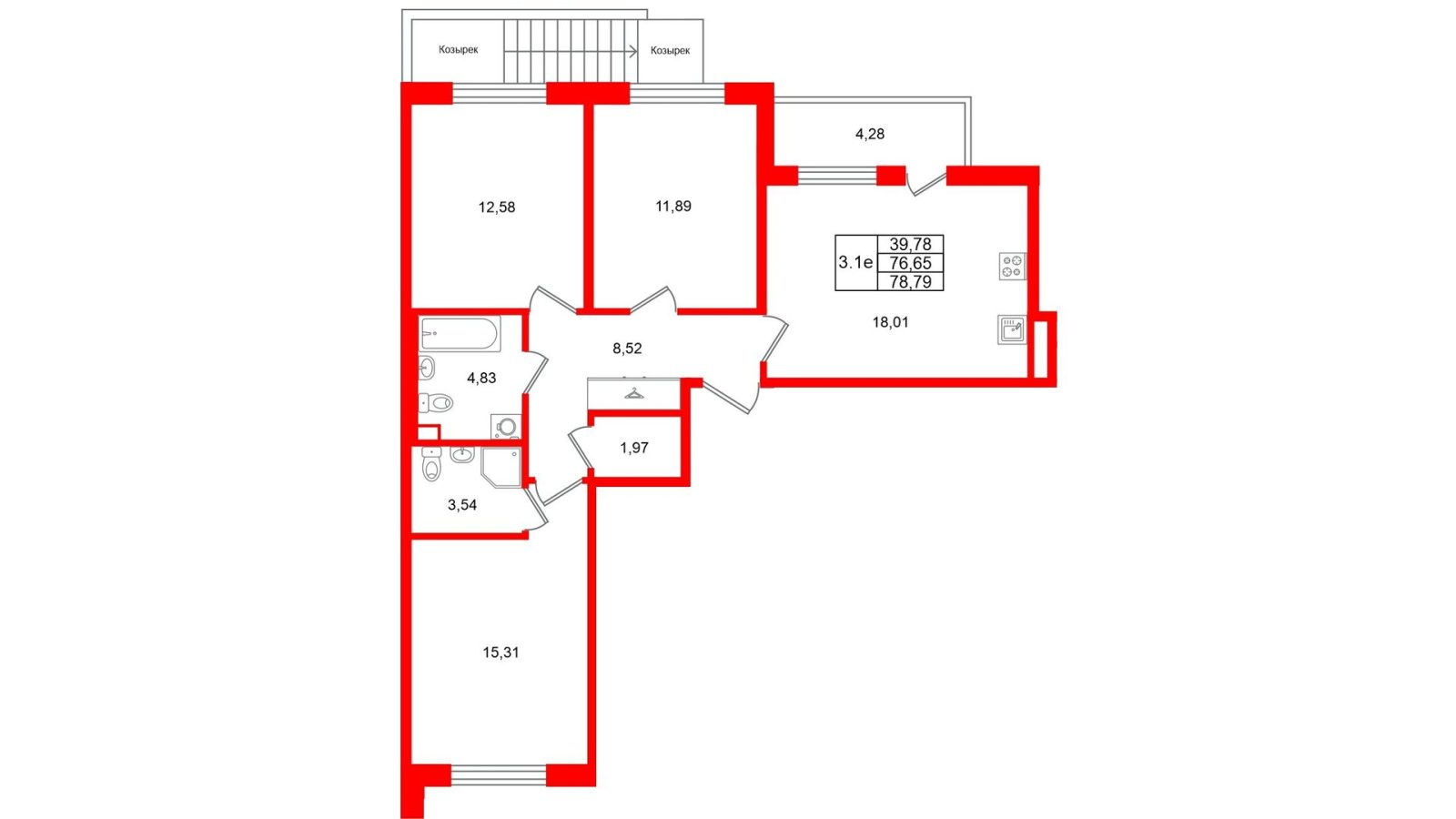 Планировка: 3-комнатная квартира, 76,7 м²
