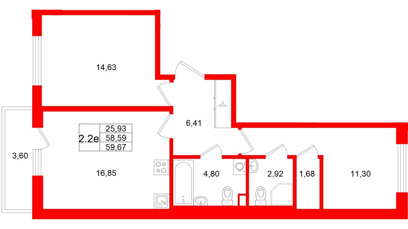 Планировка: 2-комнатная квартира, 58,6 м²
