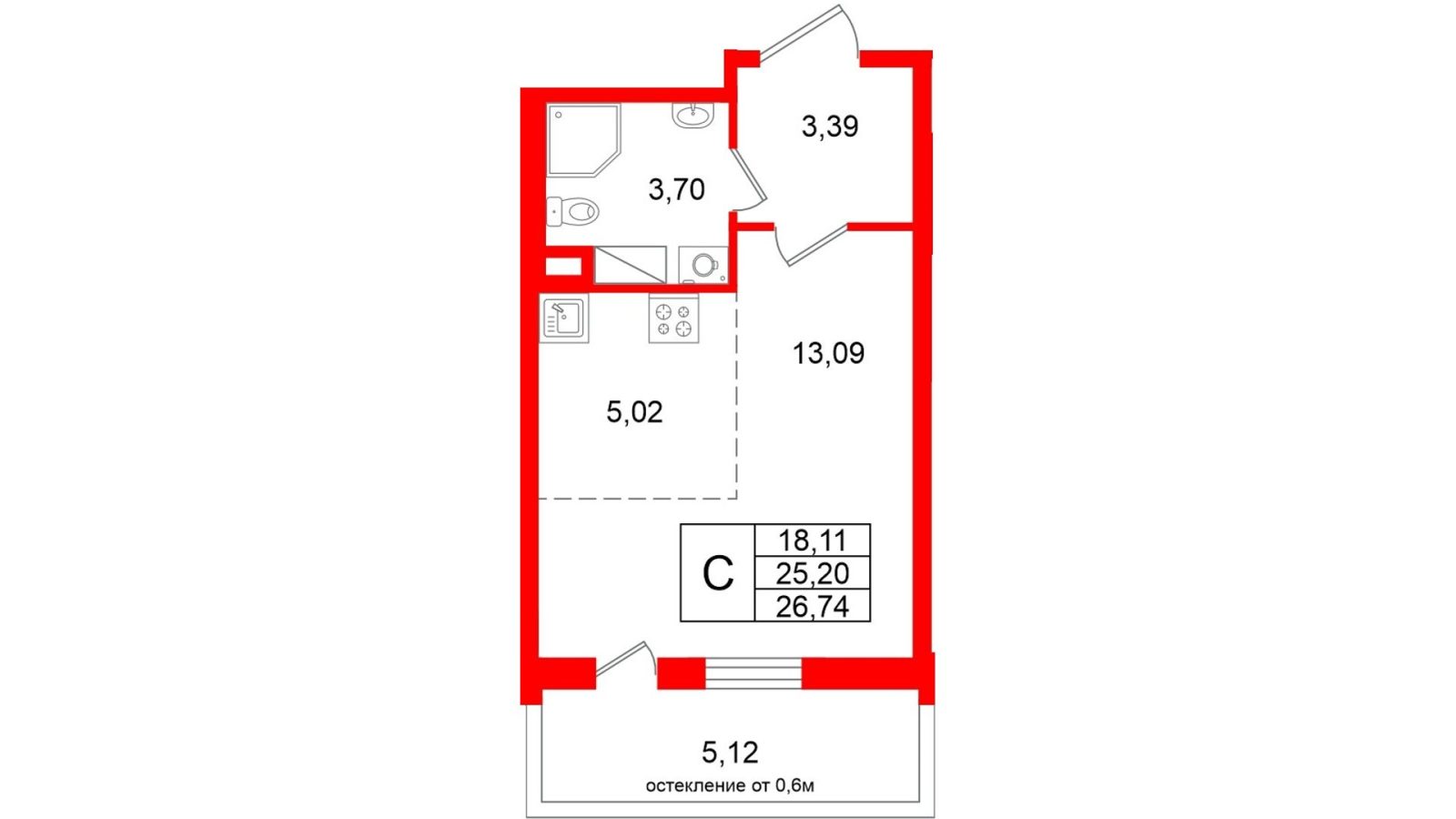 Планировка: студия, 25,2 м²