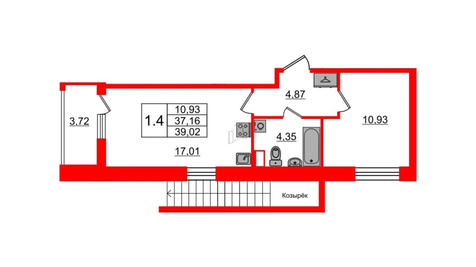 Планировка: 1-комнатная квартира, 37,2 м²