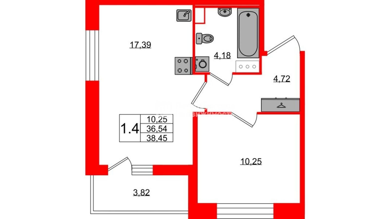 Планировка: 1-комнатная квартира, 36,5 м²