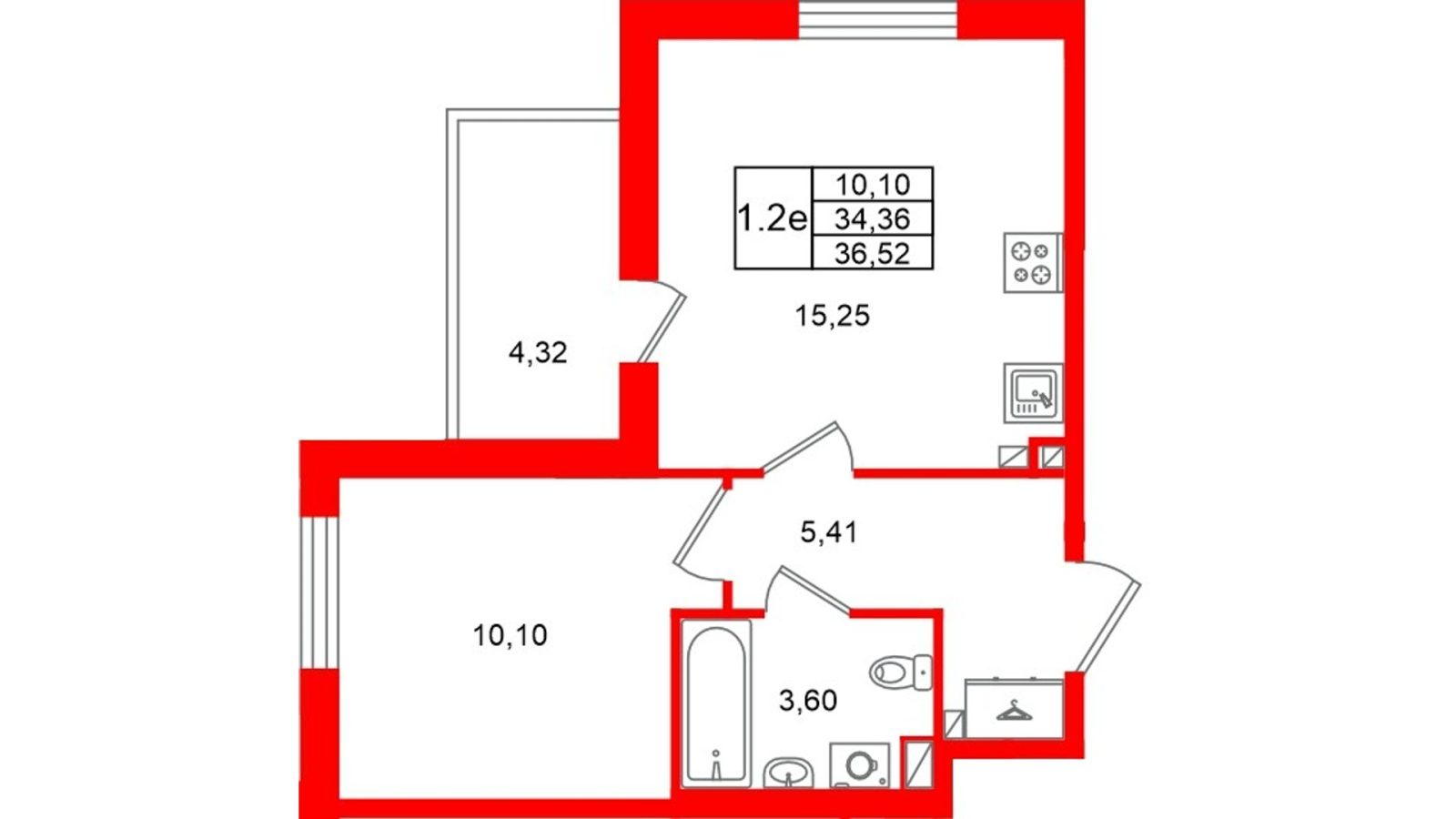 Планировка: 1-комнатная квартира, 34,4 м²