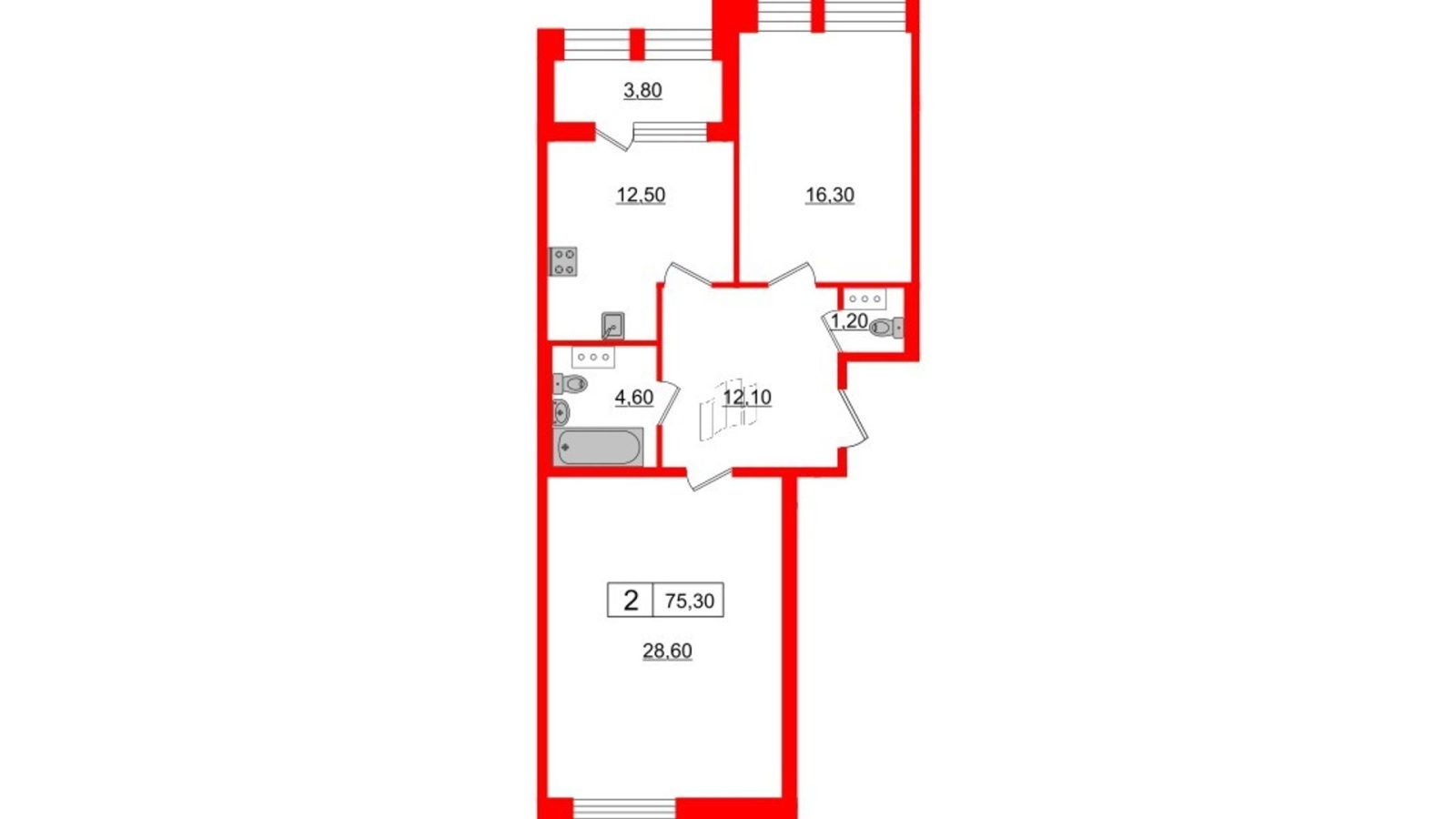 Планировка: 2-комнатная квартира, 75,3 м²