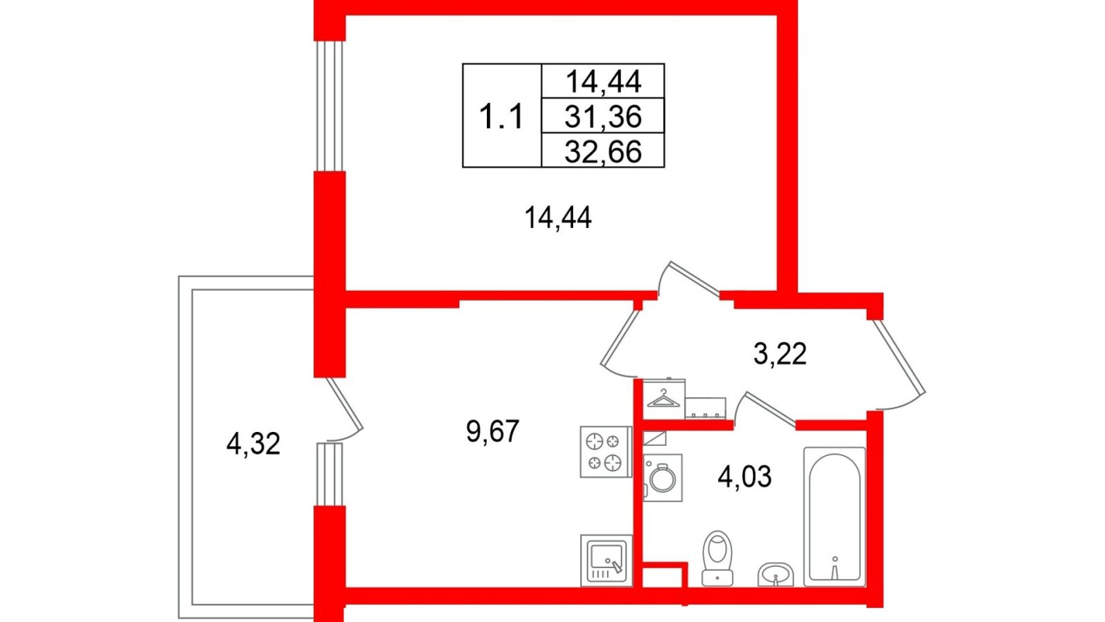 Планировка: 1-комнатная квартира, 31,4 м²