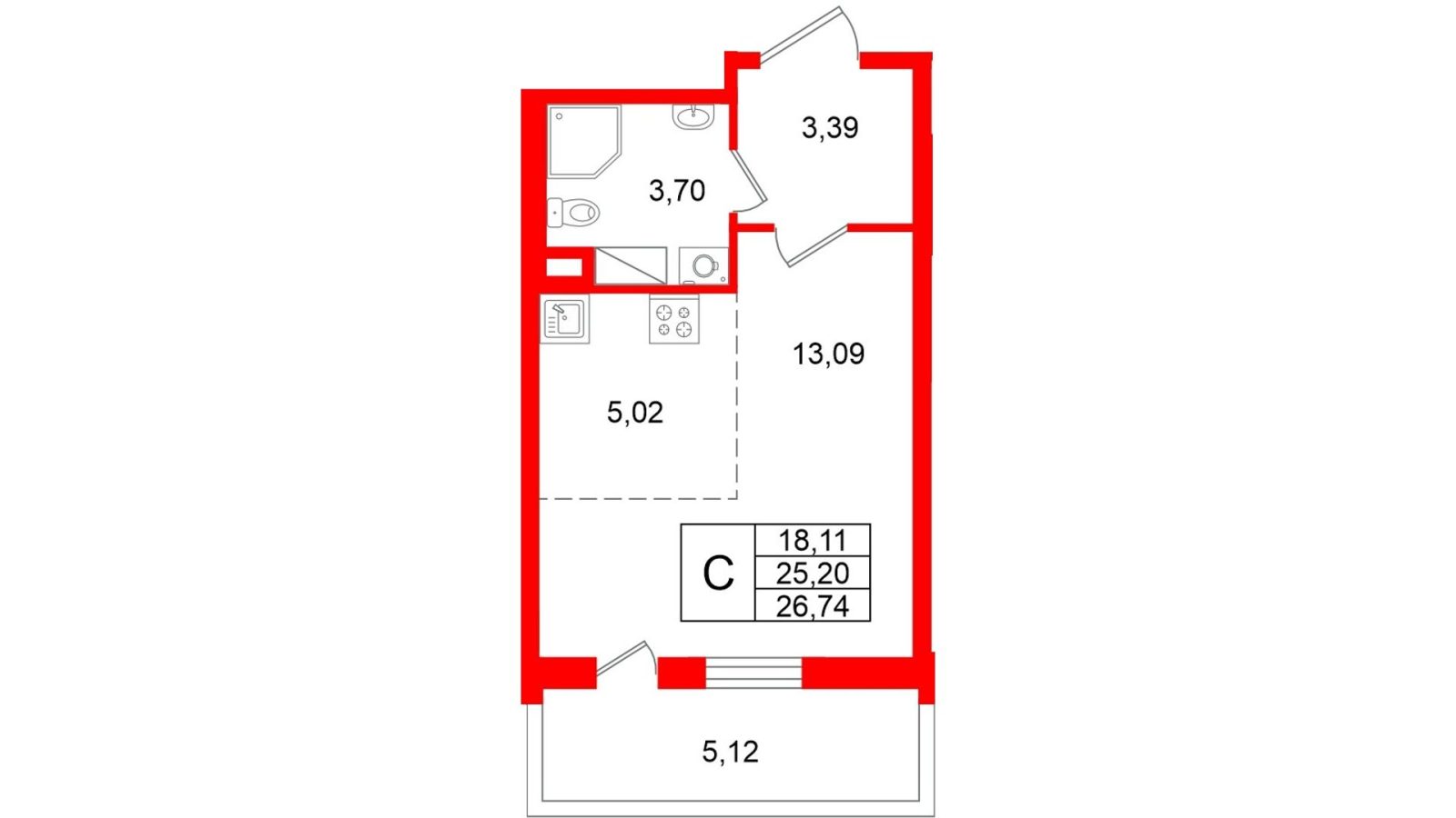 Планировка: студия, 25,2 м²