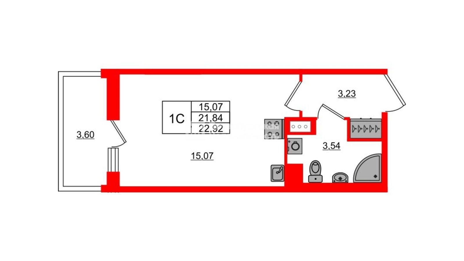 Планировка: студия, 21,8 м²