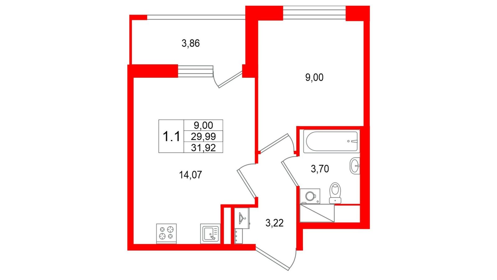 Планировка: 1-комнатная квартира, 30,0 м²