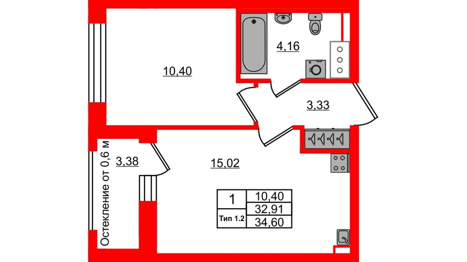 Планировка: 1-комнатная квартира, 32,9 м²