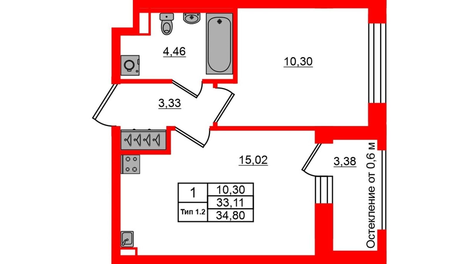 Планировка: 1-комнатная квартира, 33,1 м²
