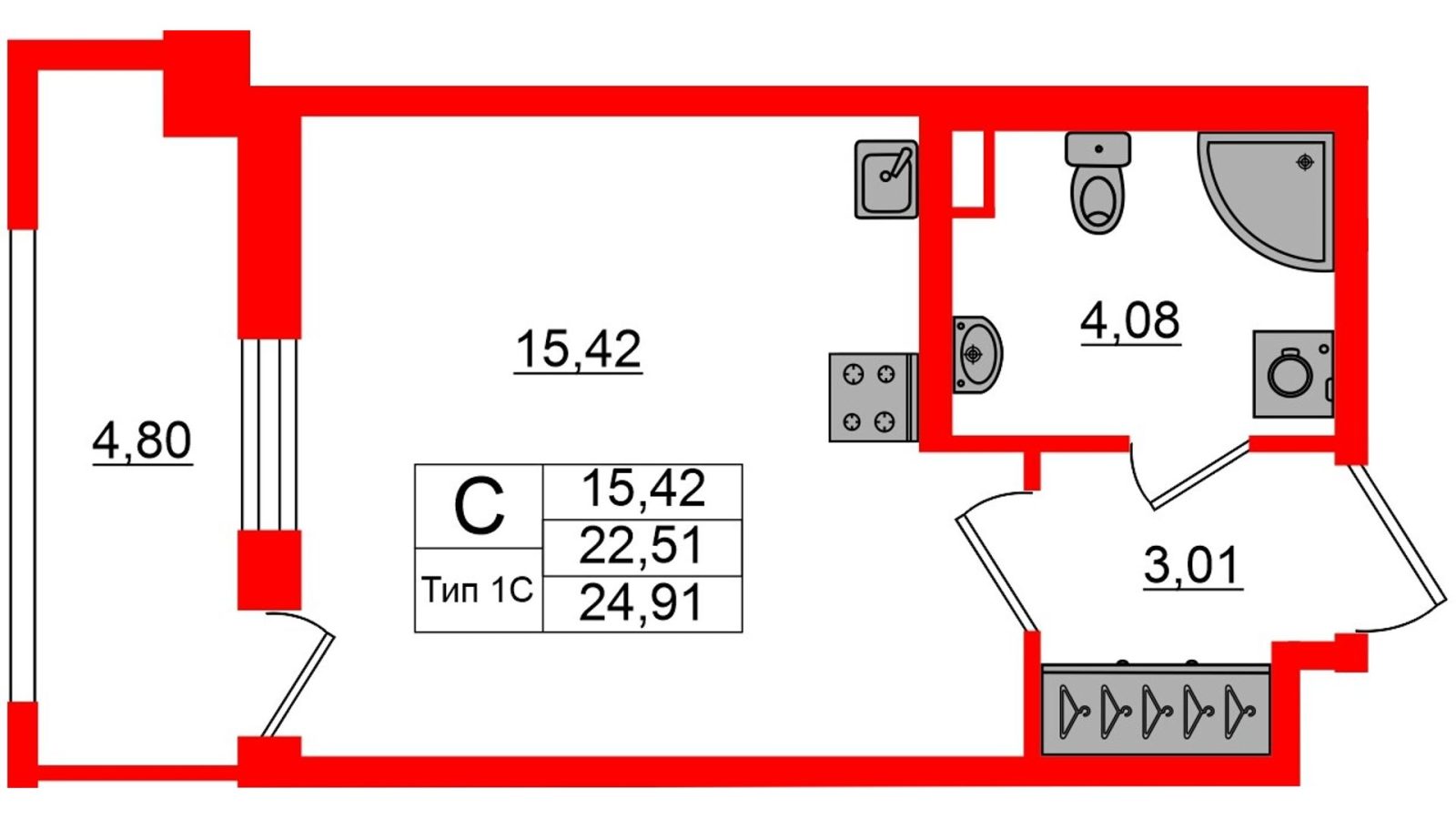 Планировка: студия, 22,5 м²
