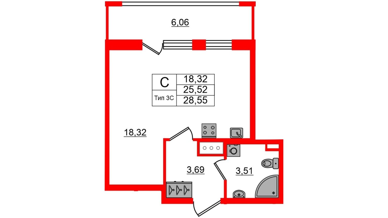 Планировка: студия, 25,5 м²