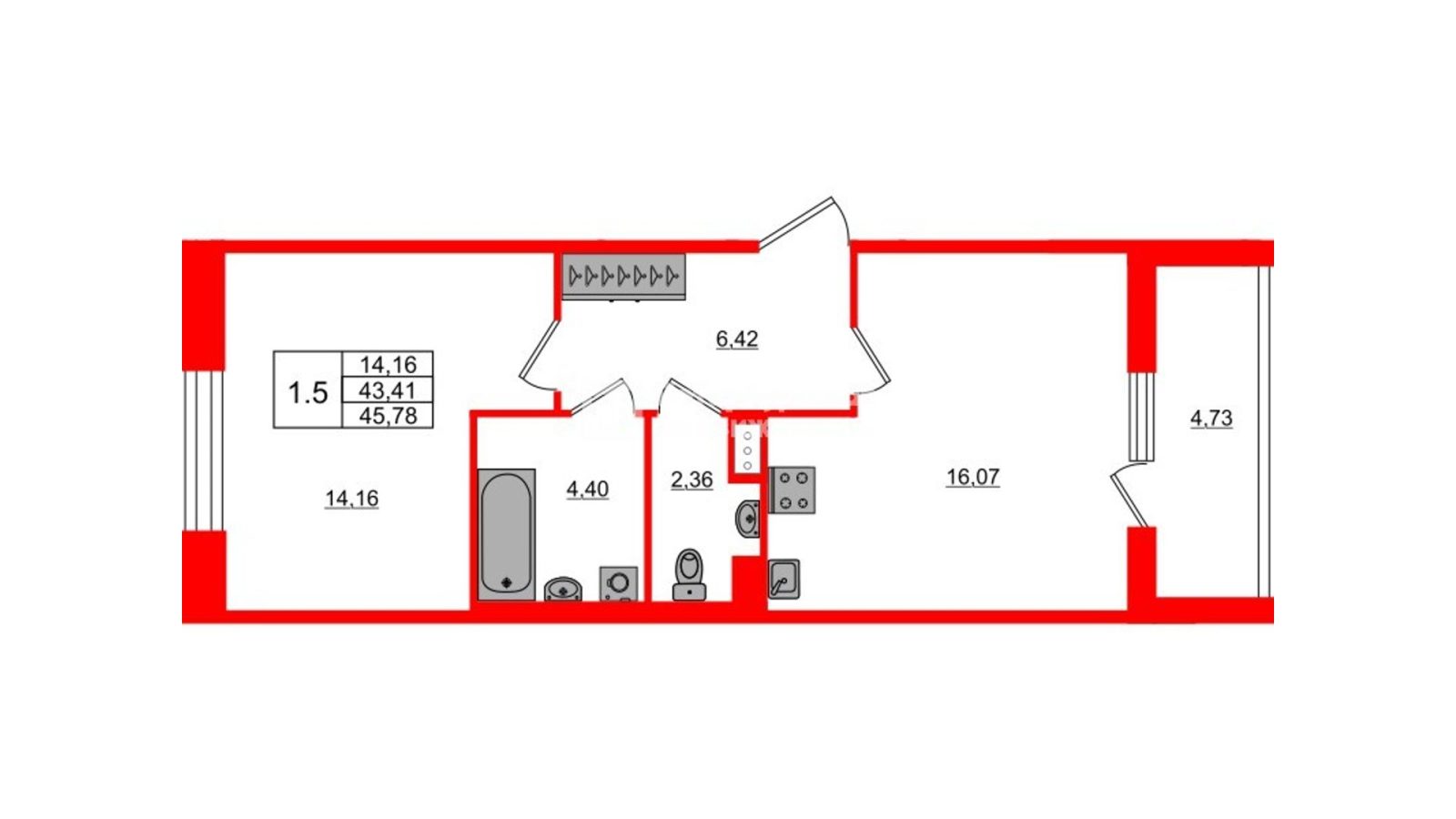 Планировка: 1-комнатная квартира, 43,4 м²