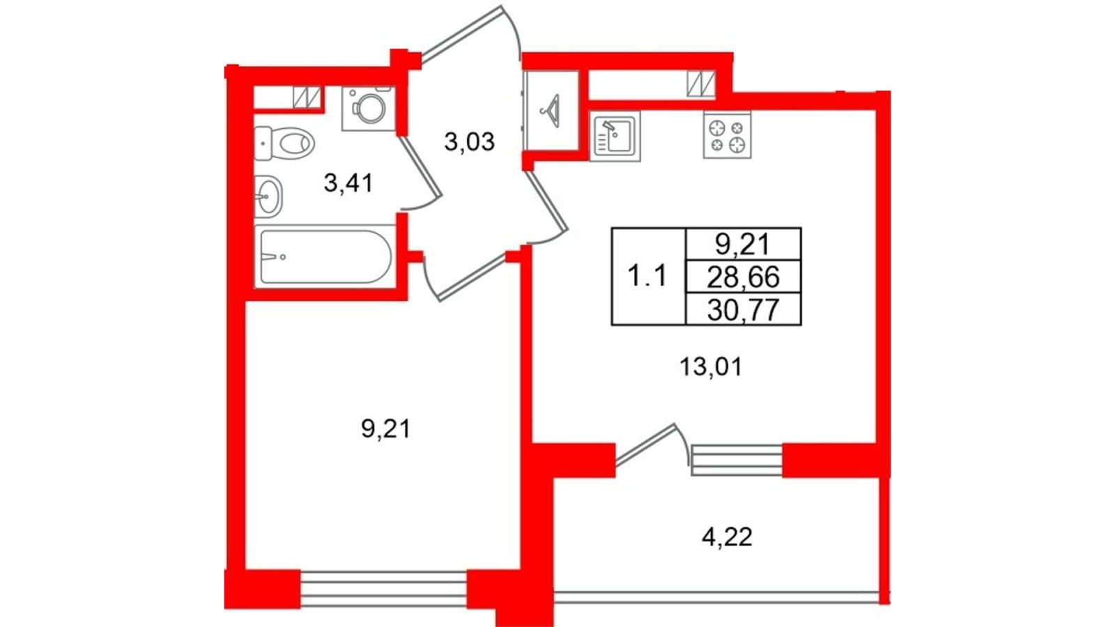 Планировка: 1-комнатная квартира, 28,7 м²