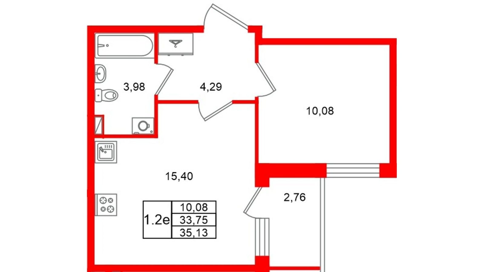 Планировка: 1-комнатная квартира, 33,8 м²