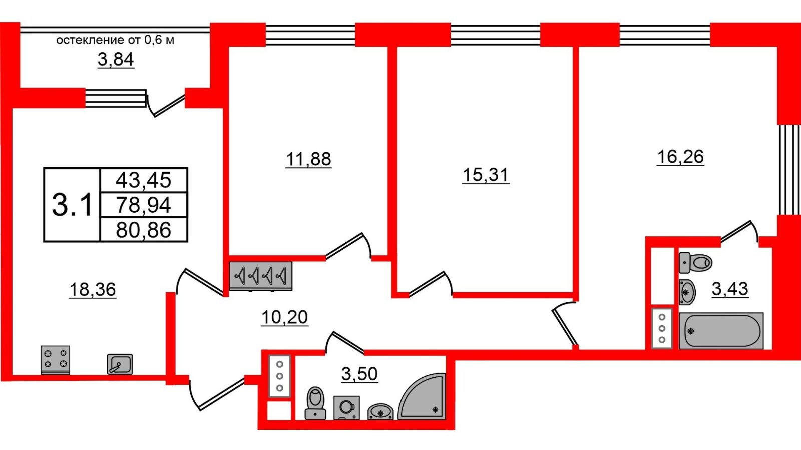 Планировка: 3-комнатная квартира, 78,9 м²