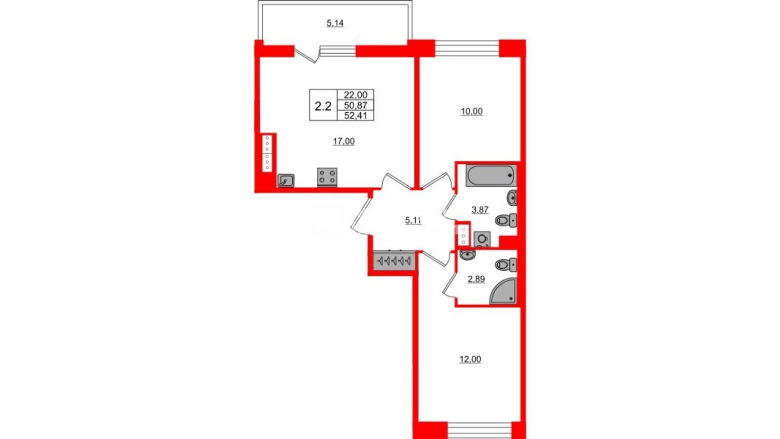 Планировка: 2-комнатная квартира, 50,9 м²