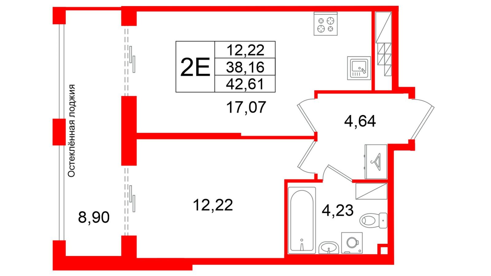Планировка: 1-комнатная квартира, 38,2 м²