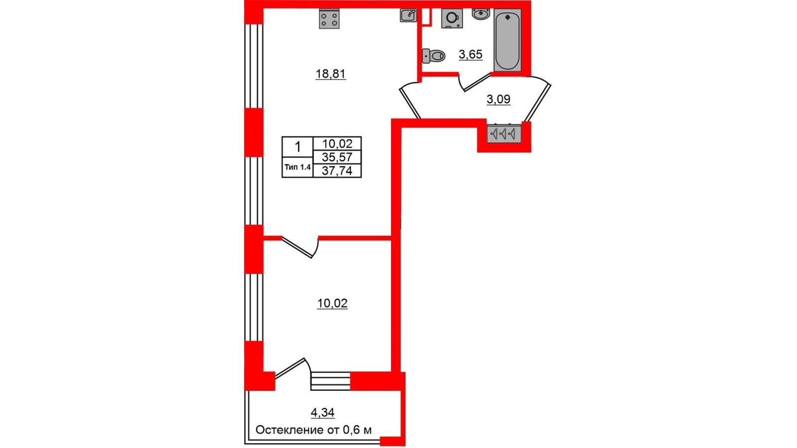 Планировка: 1-комнатная квартира, 35,6 м²
