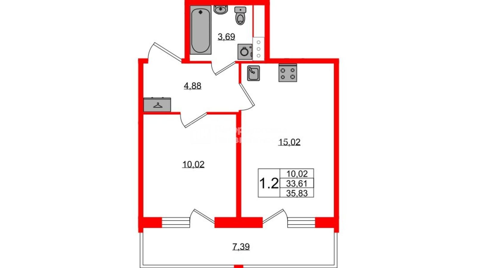 Планировка: 1-комнатная квартира, 33,6 м²