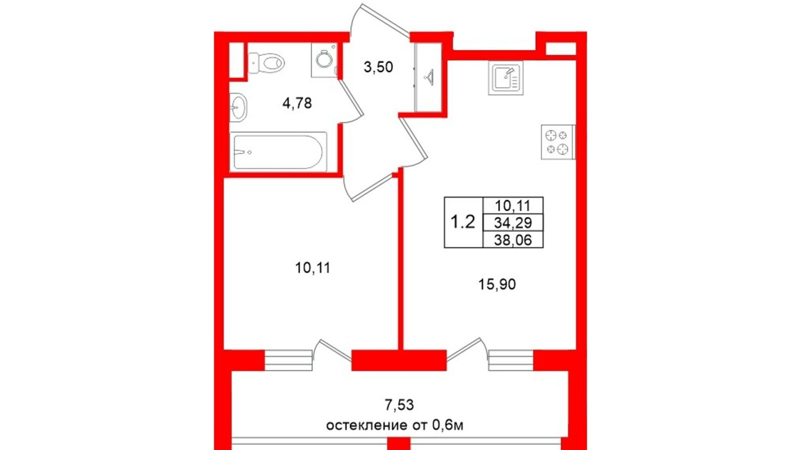 Планировка: 1-комнатная квартира, 34,3 м²